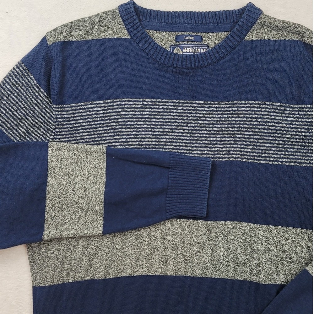 American Rag Mens Large‎ Navy Blue Grey Striped Crewneck 100% Cotton Sweater